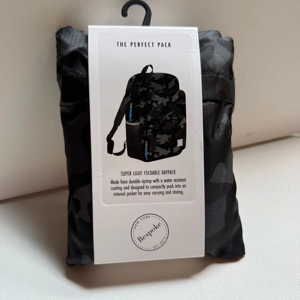 Bespoke Black Camouflage Backpack Foldable Travel Bag NWT